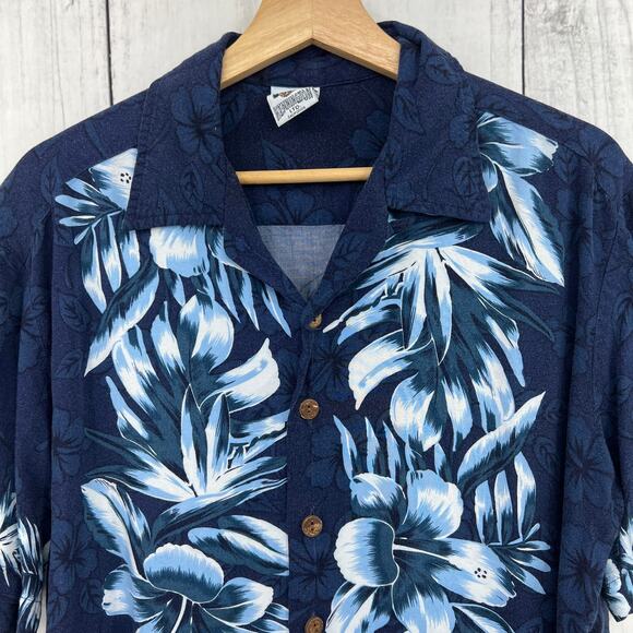 VINTAGE Kennington LARGE Blue Hibisicus Hawaiian Aloha Dad Shirt Button Up 90's - Picture 3 of 11